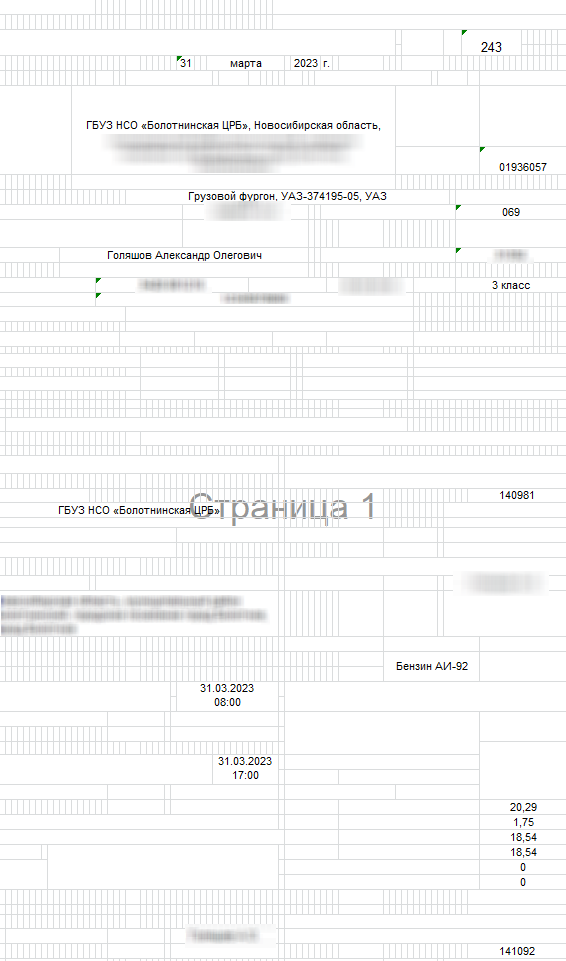 Печатная форма путевых листов