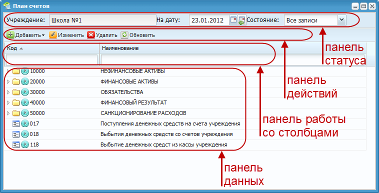 Пример окна просмотра списков