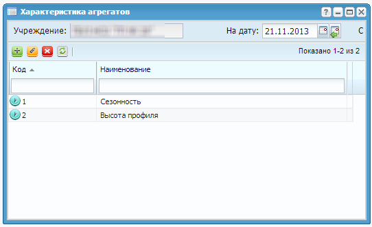 Справочник «Характеристики агрегатов»